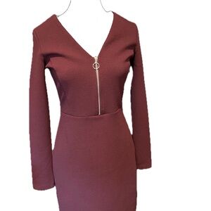 Dynamite Long Sleeve Burgundy Dress with Zipper